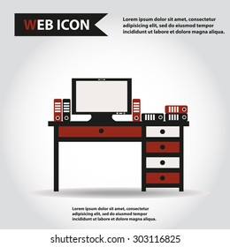 Table, desk with computer and folders, documents, vector, flat, web icon.