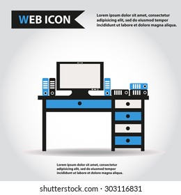Table, desk with computer and folders, documents, vector, flat, web icon.