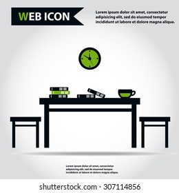 Table, desk with folders or books on it. Chairs, clock and cup, vector.
