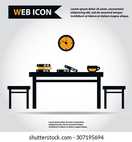 Table, desk with folders or books on it. Chairs, clock and cup, vector.