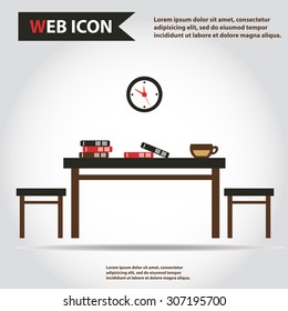 Table, desk with folders or books on it. Chairs, clock and cup, vector.