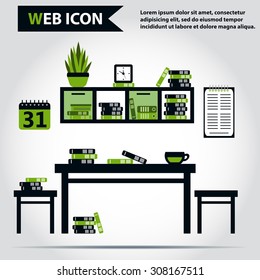 Table, desk with folders or books on it. Chairs, plant, calendar, clock and cup, vector.