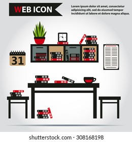 Table, desk with folders or books on it. Chairs, plant, calendar, clock and cup, vector.