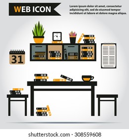 Table, desk with folders or books on it. Chairs, clock and cup, vector.