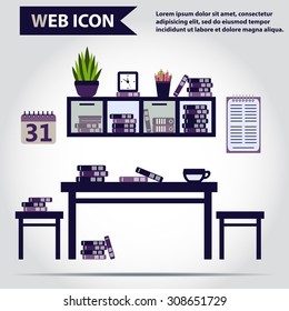 Table, desk with folders or books on it. Chairs, clock and cup, vector.