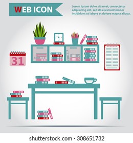 Table, desk with folders or books on it. Chairs, clock and cup, vector.
