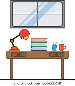 Una mesa, lámpara de escritorio, libros, té y ventana sobre fondo blanco profesionalmente