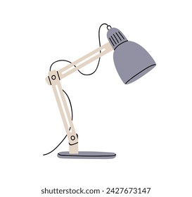Lámpara de escritorio de mesa, luz de escritorio de oficina. Equipo eléctrico de la iluminación, pierna de metal ajustable, cuello de la flexión, sombra, alambre y soporte. Ilustración plana del vector de la historieta aislada sobre fondo blanco