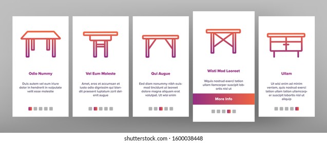 Table Desk Onboarding Mobile App Page Screen Vector. Antique And Modern, Kitchen And Office, Round And With Umbrella Table Illustrations