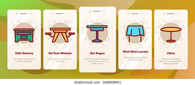 Table Desk Onboarding Mobile App Page Screen Vector. Antique And Modern, Kitchen And Office, Round And With Umbrella Table Illustrations