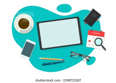 Table desk with tablet computer mockup screen blank empty vector top view or workdesk tabletop using pad above graphic illustration, overhead office flat lay work space modern