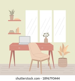 table desk with window illustration, workspace interior template, home office, vector illustration
