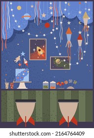 Table with desserts and cake for space party. Cute astronomical shapes, heavenly bodies in interior. Rockets, planets, stars as holiday decoration. Design of children birthday in space style