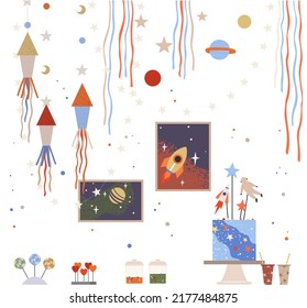 Mesa con postres y pasteles para una fiesta espacial. Formas astronómicas, cuerpos celestiales en el interior. Cohetes, planetas, estrellas como decoración de vacaciones. Diseño del cumpleaños de los niños en estilo espacial