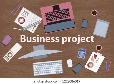 Table with different devices. A place to collaborate on a common project. Background for your business project.