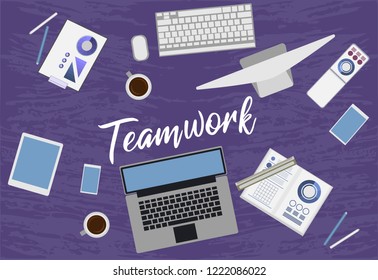 Table with different devices. A place to collaborate on a common project. Background for your business project.