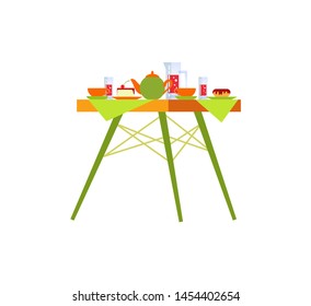 Table with dish and food cake dessert with mugs vector. Kettle with tea, creamy meal on plates restaurant cafe interior and decoration. Water in glass