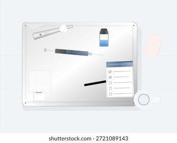 Una tabla muestra varias herramientas y materiales utilizados para un chequeo de salud. Hay listas de verificación, una pluma, una jeringa y una taza. Esta escena muestra un entorno típico en una clínica.