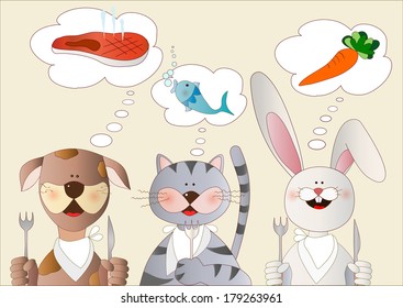 At the table with dog, cat and rabbit