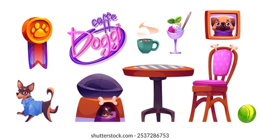 Table for dog friendly cafe furniture vector set. Pet care restaurant business interior with coffee for lunch. Animal paw for modern office and neon sign lamp. Medal award and picture in frame