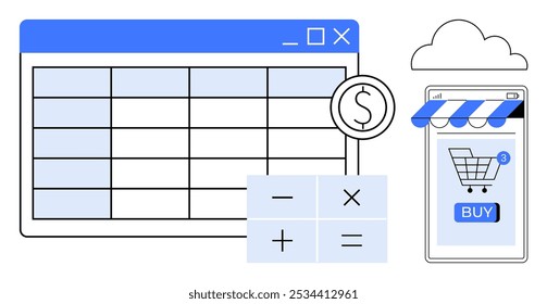 La mesa con el símbolo del dólar, la calculadora, el teléfono móvil que muestra el Carrito de compras y la nube simbolizan la gestión del comercio electrónico. Ideal para compras en línea, finanzas digitales, almacenamiento en la nube, comercio electrónico