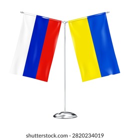 Table double metal pole stand with fabric Russian flag and Ukrainian flag. Realistic vector illustration. Russia and Ukraine desk flags. Russian Federation and Ukraine relations