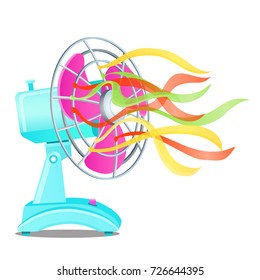 Table electric fan with colored ribbons. Air conditioning for home, climate equipment isolated on white background. Vector cartoon close-up illustration.