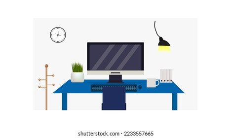 Table in empty office room. Interesting design in office space for employees, rent and sale of office. Full ad banner, poster, web. modern interior. Vector cartoon image