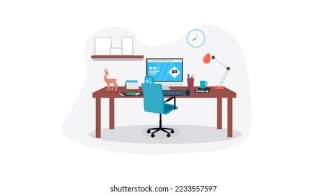 Table in empty office room. work in home ,  Home office workplace. Cartoon flat apartment room interior with computer on table for freelance distance work, comfort chair.