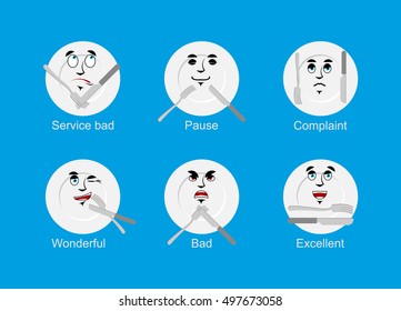 Table etiquette. Nightingale devices decorum. Set of different options for location fork and knife on plate in restaurant. Etiquette in coffee. Rules of conduct at table. Plate emotions
