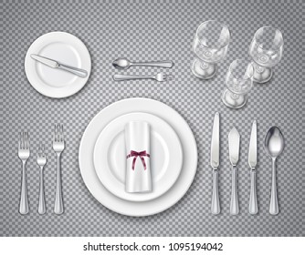 Table etiquette top view transparent set with elements of serving for one person realistic  vector illustration