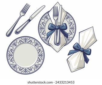 Table etiquette vector illustration with vintage cutlery porcelain plate, fork, knife and napkin on a white isolated background. Table setting restaurant business