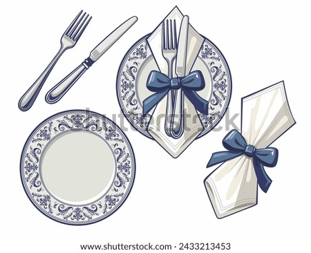 Table etiquette vector illustration with vintage cutlery porcelain plate, fork, knife and napkin on a white isolated background. Table setting restaurant business