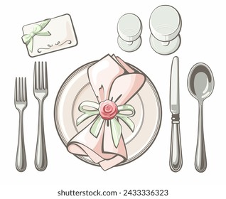 Table etiquette of wedding ceremony with cutlery fork, knife and napkin on white isolated background. Table setting restaurant business. Vector illustration in eps 10