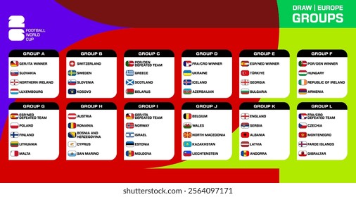 Table of European countries participating in the qualification for the 2026 World Cup on an abstract figure background