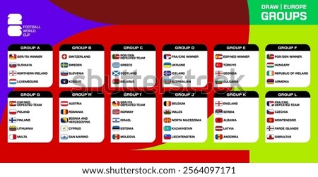 Table of European countries participating in the qualification for the 2026 World Cup on an abstract figure background