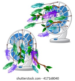 Table fan with feathers and twigs. Air conditioning for home, climate equipment isolated on white background. Vector cartoon close-up illustration.