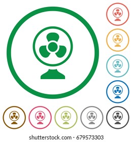 Table fan flat color icons in round outlines on white background
