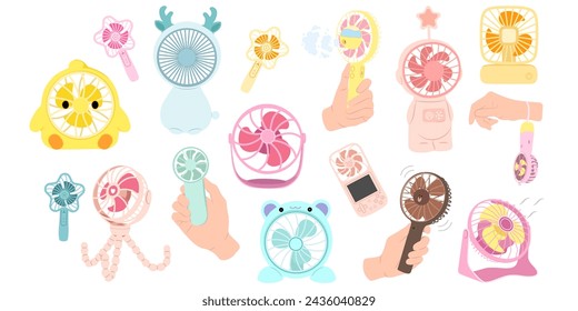 Table fan and hand fan in flat style. Modern fan of different shapes and colors. 