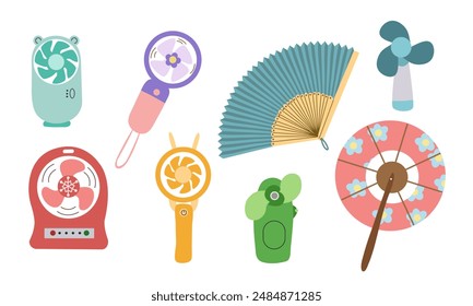 Table fan hand fan in flat style. Modern electric or old fan different types colors set realistic vector illustration.