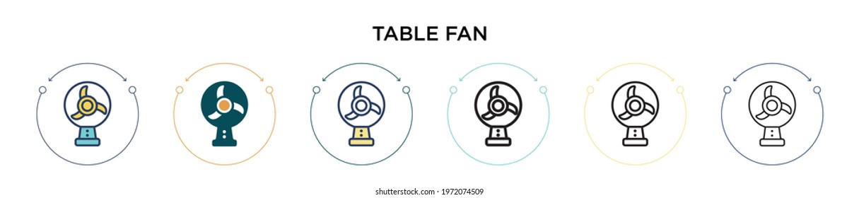 Table fan icon in filled, thin line, outline and stroke style. Vector illustration of two colored and black table fan vector icons designs can be used for mobile, ui, web