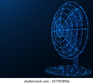 Table fan. Polygonal construction of interconnected lines and points. Blue background.