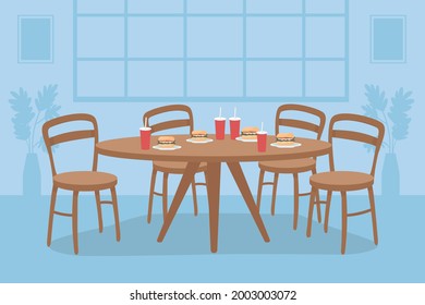 Table with fast food flat color vector illustration. Dining room for students. Lunch for friend group. Unhealthy lifestyle. Apartment 2D cartoon interior with home decor on background