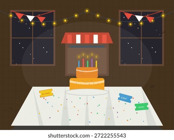 Una mesa presenta un pastel con velas, decoraciones coloridas y vasos. La habitación tiene luces de cuerda y una chimenea, estableciendo una escena festiva por la noche.