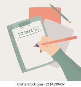 A Table With A Female Hand Writing Plan In A Notebook. A Comprehensive To-do List With Goals And Objectives. Colorful Vector Flat Cartoon Top View