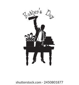 The table is filled with gifts for the father.