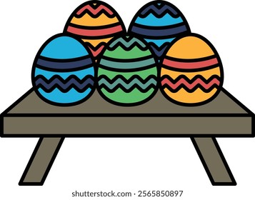 A table with five colorful eggs on it. The eggs are of different colors and sizes. The table is wooden and has a simple design. The eggs are arranged in a neat and orderly manner