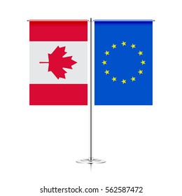 Table flags of european union and canada. symbolizing the cooperation between the EU and CANADA. vector table flags