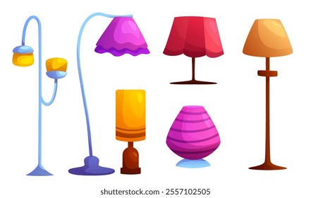 Table and floor lamp collection - curved blue standing light, purple wavy lampshade, crimson table illumination, orange cylindrical fixture and magenta striped modern desk light. Interior design asset