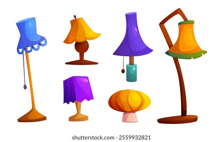 Table and floor lamp collection - curved blue standing light, purple wavy lampshade, crimson table illumination, orange cylindrical fixture and decorative pink sphere desk light. Interior design asset